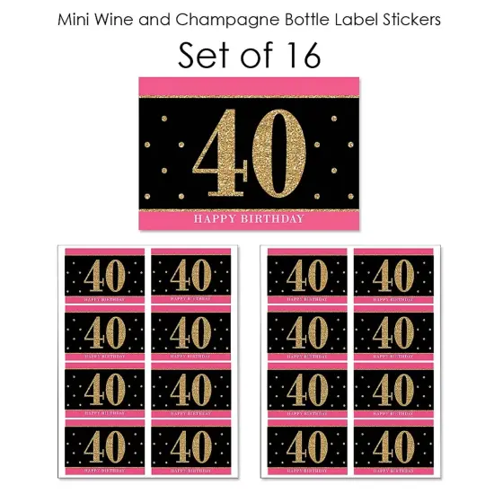 Big Dot of Happiness Chic 40th Birthday - Pink, Black and Gold - Mini Wine and Champagne Bottle Label Stickers - Birthday Party Favor Gift - Set of 16 {7}