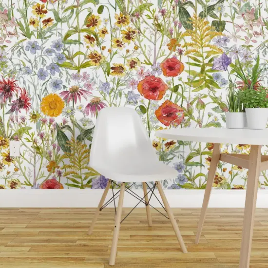 Peel & Stick Wallpaper 2FT Wide Wildflowers Green Red Floral Poppies Hand Drawn Ink Novelty Watercolor Columbine Chamomile Bee Balm Bell Flower Creeping Phlox Spider Custom Removable Wallpaper by Spoonflower {1}