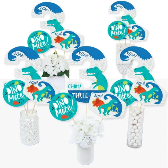 Big Dot of Happiness 3rd Birthday Roar Dinosaur - Three Rex Dino Third Birthday Party Centerpiece Sticks - Table Toppers - Set of 15 {3}