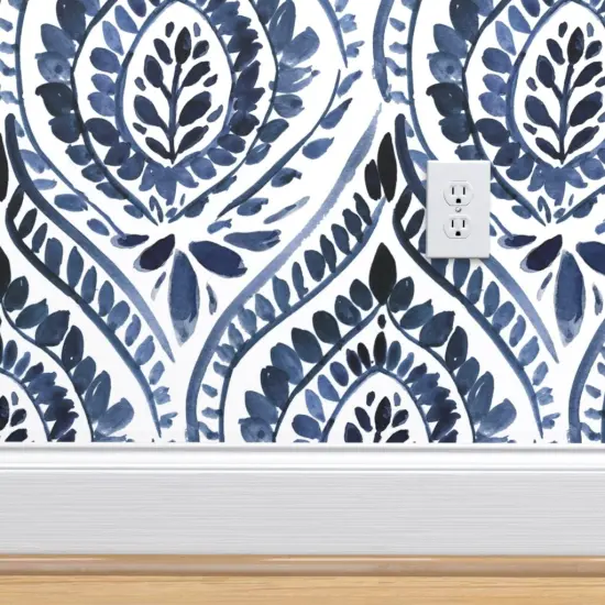 Peel & Stick Wallpaper 2FT Wide Bohemian Leaf Mandala Dark Indigo Blue Boho Botanical Leaves Custom Removable Wallpaper by Spoonflower {4}