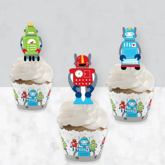 Big Dot of Happiness Gear Up Robots - Cupcake Decoration - Birthday Party or Baby Shower Cupcake Wrappers and Treat Picks Kit - Set of 24 {4}