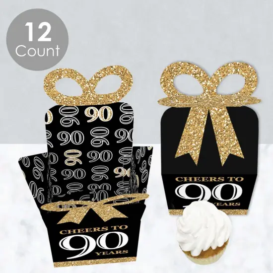 Big Dot of Happiness Adult 90th Birthday - Gold - Square Favor Gift Boxes - Birthday Party Bow Boxes - Set of 12 {4}