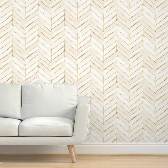 Pre-Pasted Wallpaper 2FT Wide Cream Gold Tone Chevron Herringbone Neutral Geometric Custom Pre-pasted Wallpaper by Spoonflower {5}