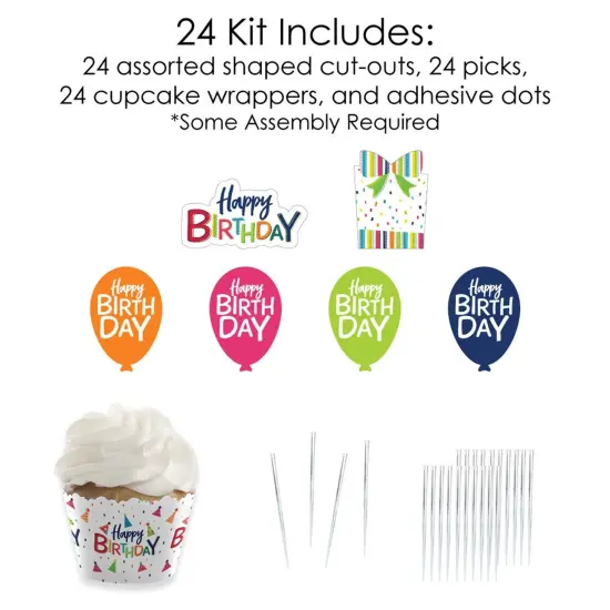 Big Dot of Happiness Cheerful Happy Birthday - Cupcake Decoration - Colorful Birthday Party Cupcake Wrappers and Treat Picks Kit - Set of 24 {6}