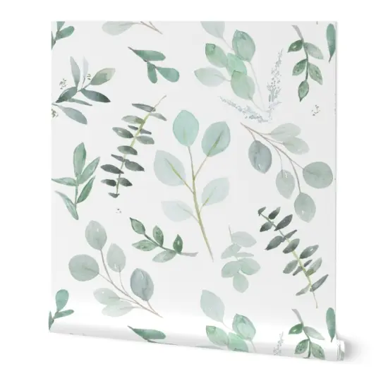 Peel & Stick Wallpaper 2FT Wide Eucalyptus Leaves Foliage Mint Green Watercolor Botanical Blue Watercolour Greenery Aquarelle Cool Tones Seeded Eucalyptus Custom Removable Wallpaper by Spoonflower {7}