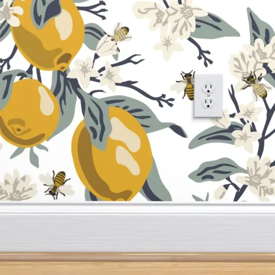 Pre-Pasted Wallpaper 2FT Wide Honey Bees Citrus Floral Mustard Yellow Transitional Style Modern Farmhouse Custom Pre-pasted Wallpaper by Spoonflower {4}