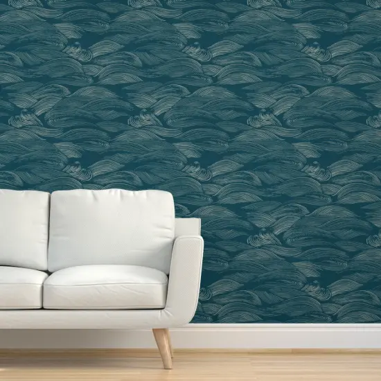 Pre-Pasted Wallpaper 2FT Wide Blue Waves Abstract Water Sea Ocean Marine Teal Custom Pre-pasted Wallpaper by Spoonflower {5}