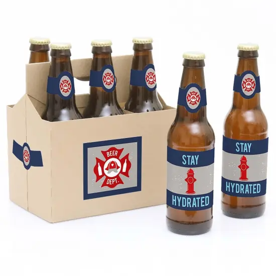 Big Dot of Happiness Fired Up Fire Truck - Firefighter Decorations for Women and Men - 6 Beer Bottle Label Stickers and 1 Carrier {1}