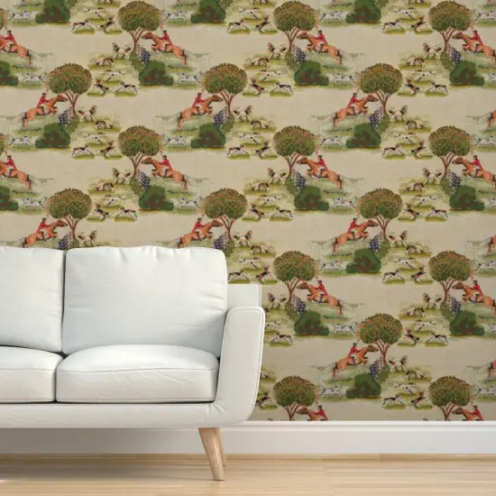 Peel & Stick Wallpaper 2FT Wide Vintage Style Fox Hunt Equestrian English Landscape Beagle Foxhound Custom Removable Wallpaper by Spoonflower {5}