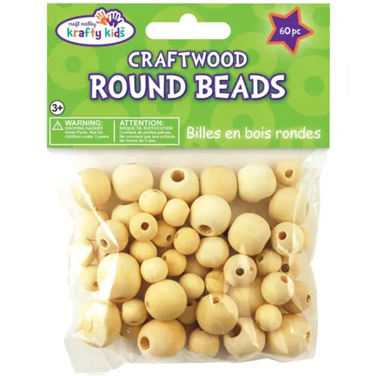 Krafty Kids Craftwood Round Beads 10mm To 16mm 60/Pkg-Natural {1}