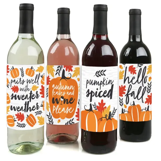 Big Dot of Happiness Fall Pumpkin - Halloween or Thanksgiving Party Decorations for Women and Men - Wine Bottle Label Stickers - Set of 4 {1}