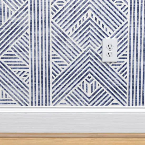 Pre-Pasted Wallpaper 2FT Wide Blue Geometric Line Diamond Wax Stripes Boho Chic Coastal Custom Pre-pasted Wallpaper by Spoonflower {4}