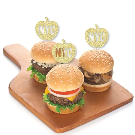 Big Dot of Happiness Gold Glitter NYC Apple - No-Mess Real Gold Glitter Dessert Cupcake Toppers - New York City Party Clear Treat Picks - Set of 24 {4}