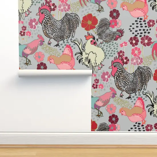 Pre-Pasted Wallpaper 2FT Wide Rooster Parade Barnyard Chickens Farm Birds Floral Print Roosters Fowl Pink Custom Pre-pasted Wallpaper by Spoonflower {2}