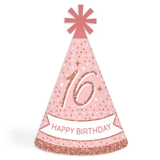 Big Dot of Happiness 16th Pink Rose Gold Birthday - Cone Happy Birthday Party Hats for Adults - Set of 8 (Standard Size) {1}