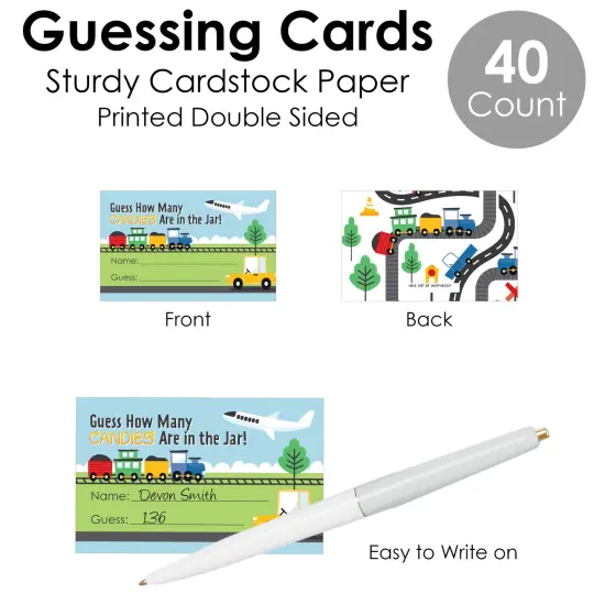 Big Dot of Happiness Cars, Trains, and Airplanes - How Many Candies Transportation Birthday Party Game - 1 Stand and 40 Cards - Candy Guessing Game {7}