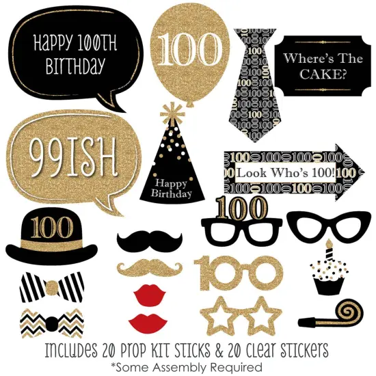 Big Dot of Happiness Adult 100th Birthday - Gold - Birthday Party Photo Booth Props Kit - 20 Count {3}