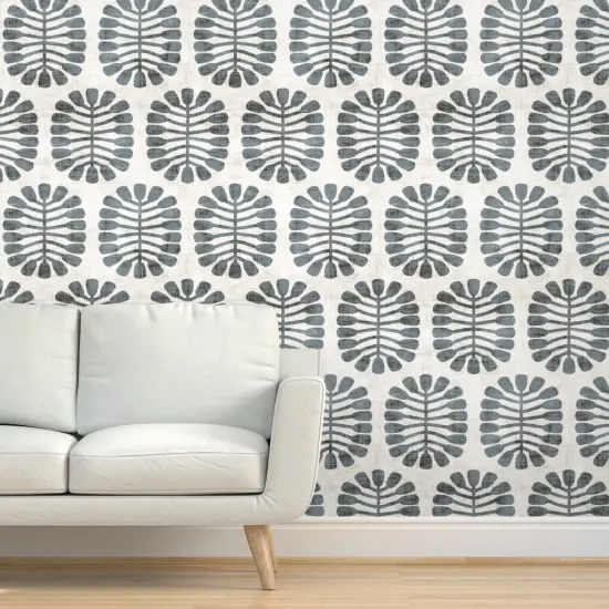 Peel & Stick Wallpaper 2FT Wide Mid Century Nature Mod Grey Geometric Faux Linen Look Retro Botanical Custom Removable Wallpaper by Spoonflower {5}