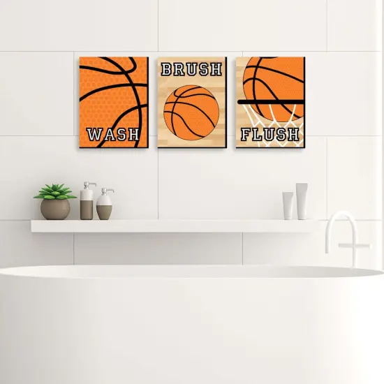 Big Dot of Happiness Nothin' but Net - Basketball - Kids Bathroom Rules Wall Art - 7.5 x 10 inches - Set of 3 Signs - Wash, Brush, Flush {3}