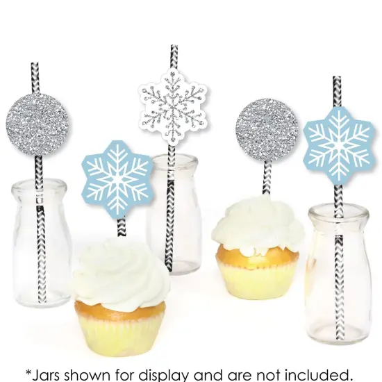 Big Dot of Happiness Winter Wonderland Paper Straw Decor - Snowflake Holiday Party and Winter Wedding Striped Decorative Straws - Set of 24 {6}
