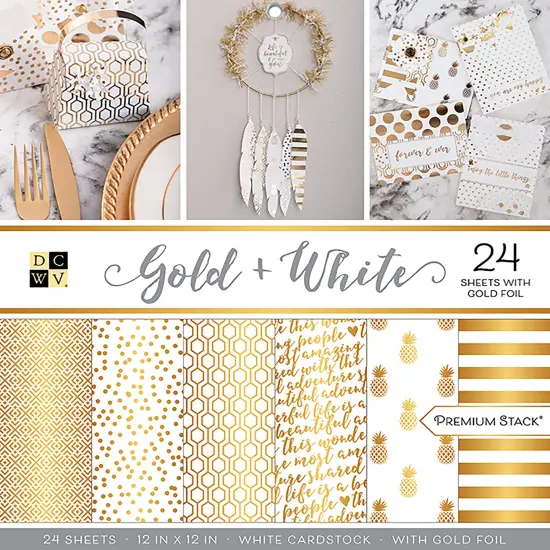 DCWV Single-Sided Cardstock Stack 12"X12" 24/Pkg-Gold & White, 12 Des/2 Each, Half W/Foil {1}