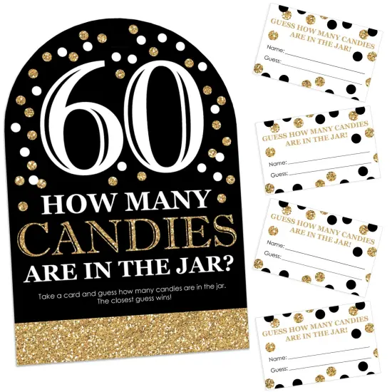 Big Dot of Happiness Adult 60th Birthday - Gold - How Many Candies Birthday Party Game - 1 Stand and 40 Cards - Candy Guessing Game {1}