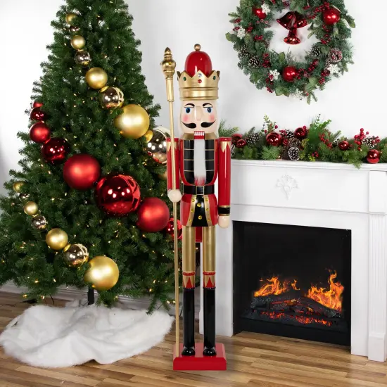 Northlight 6' Giant Commercial Size Wooden Red, Black and Gold Christmas Nutcracker King with Scepter {3}