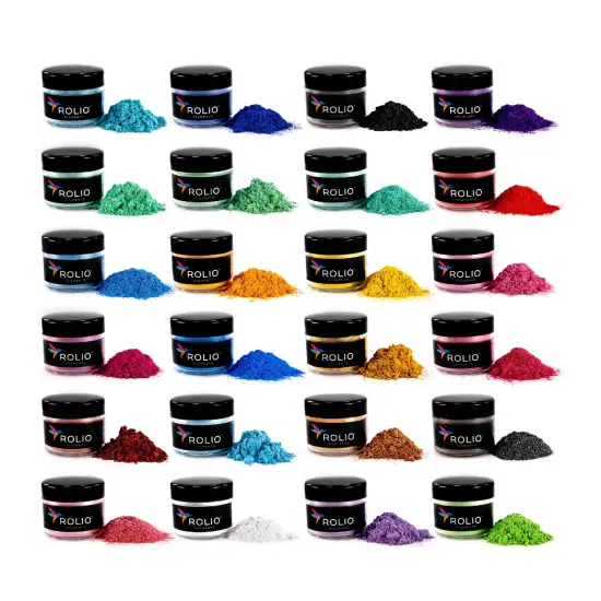 Rolio Mica Powder - 24 Color Original Set, 10g, Pearlescent Color Pigment - Art Set for Resin Epoxy - for Soap Making, Nail Polish, Lip Gloss, Eye Shadow, Slime & Candle Jars {1}