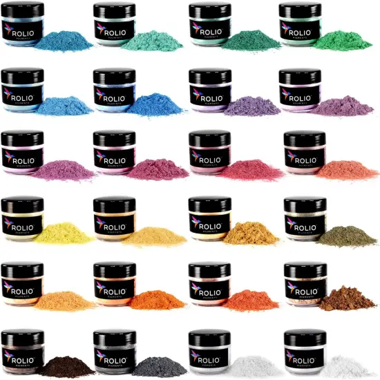 Rolio Mica Powder - 24 Color Pastel Set, 10g, Pearlescent Color Pigment - Art Set for Resin Epoxy - for Soap Making, Nail Polish, Lip Gloss, Eye Shadow, Slime & Candle Jars {1}