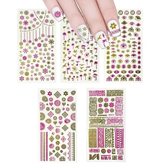 Wrapables 450+ Nail Stickers Pink & Gold Foil Nail Stickers Nail Art Henna Nail Stickers, 5 sheets - Prints {1}