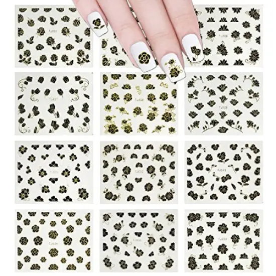 Wrapables 12 Sheets Black Flower with Gold Trim Nail Stickers Nail Art {1}