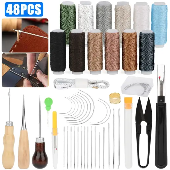 48pcs Leather Thread Stitching Needles Awl Hand Tools Kit for DIY Sewing Craft {1}