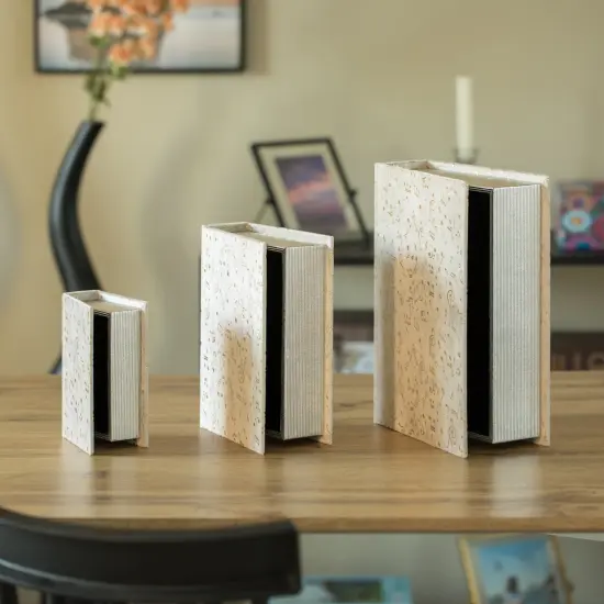 Set of 3 Velvet Vintage Storage Wooden Antique Classic Decorative Book Box Holder White Musical {2}