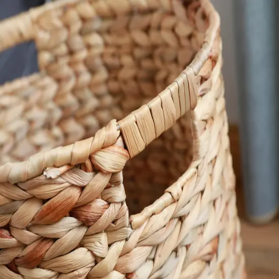 Large Round Water Hyacinth Wicker Basket with Handles - Handwoven Trash Bin {4}