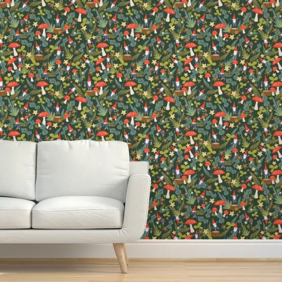 Pre-Pasted Wallpaper 2FT Wide Woodland, Gnomes, Large, Red, Mushroom, Garden, Summer, Floral, Mushrooms Custom Pre-pasted Wallpaper by Spoonflower {5}