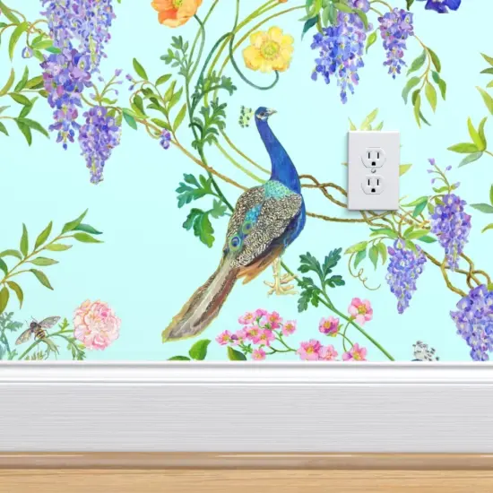 Pre-Pasted Wallpaper 2FT Wide Peacock Chinoiserie Maximalist Spring Floral Forest Elegant Botanical Aqua Mint Light Blue Large Scale Custom Pre-pasted Wallpaper by Spoonflower {4}