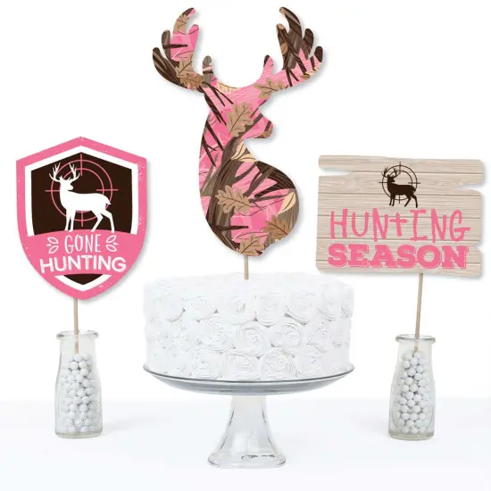 Big Dot of Happiness Pink Gone Hunting - Deer Hunting Girl Camo Baby Shower or Birthday Party Centerpiece Sticks - Table Toppers - Set of 15 {4}