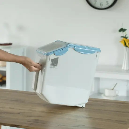 Set of 2 White Plastic Storage Food Holder Containers, with a Measuring Cup and Wheels {5}