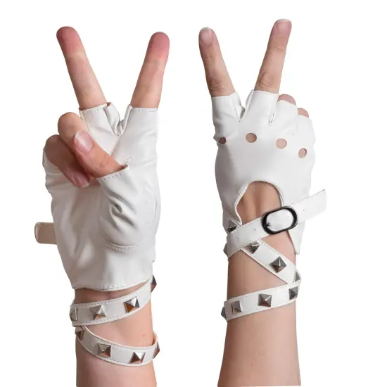 Fingerless Faux Leather Gloves - White Biker Punk Gloves with Belt Up Closure and Rivet Design for Women and Kids {5}