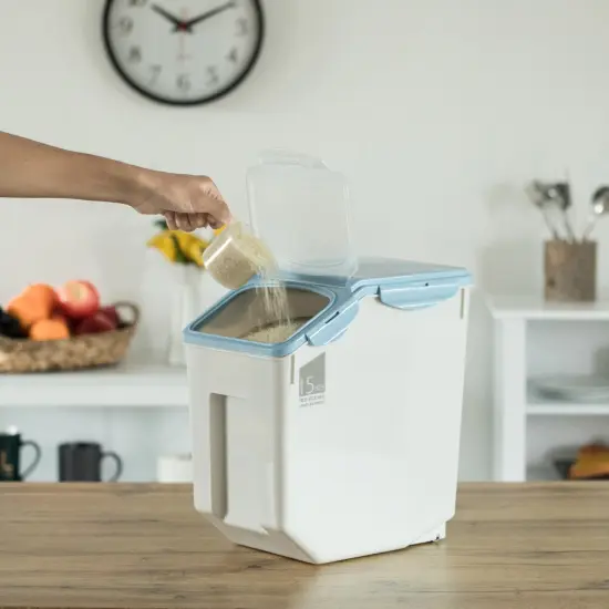 Set of 2 White Plastic Storage Food Holder Containers, with a Measuring Cup and Wheels {2}