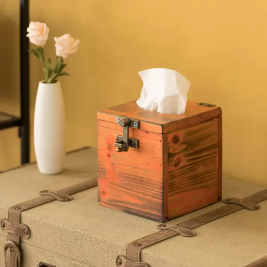 Square Wooden Rustic Lockable Tissue Box Cover Holder {2}