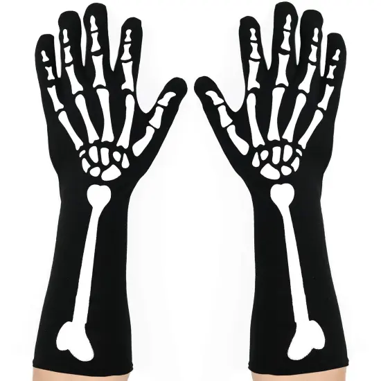 Bone Hand Skeleton Gloves - Skeleton Accessories Stretch Elbow Gloves for Adults and Kids Black {1}