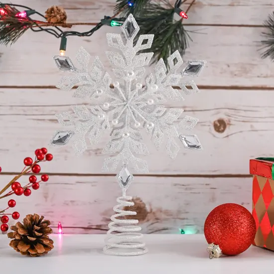 Ornativity Glitter Snowflake Tree Topper - White Sparkling Christmas Tree Decoration with Gem Design {3}