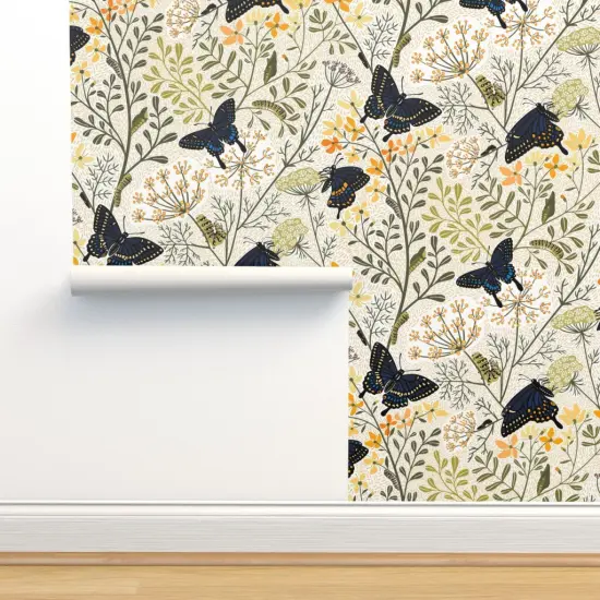 Pre-Pasted Wallpaper 2FT Wide Garden Butterflies Flowers Butterfly Bag Garden Botanical Dill Herbs Caterpillar Swallowtail Rue Chrysalis Custom Pre-pasted Wallpaper by Spoonflower {2}