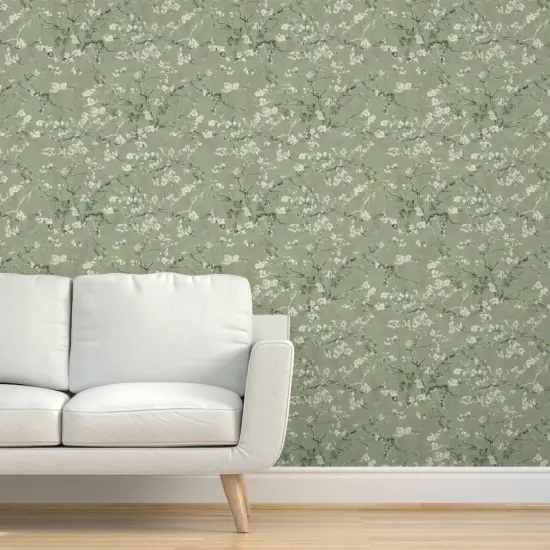 Peel & Stick Wallpaper 2FT Wide Impressionist Spring Bloom Sage Green Floral Botanical Nature Leaf Delicate Custom Removable Wallpaper by Spoonflower {5}