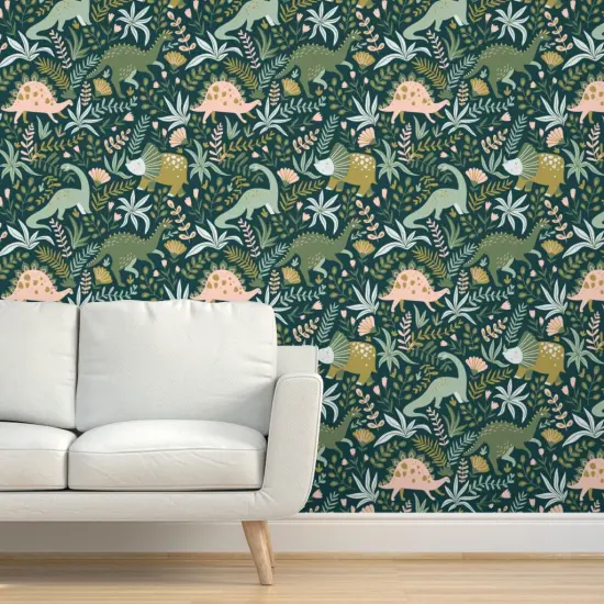 Peel & Stick Wallpaper 2FT Wide Botanical Dinosaurs Green Pink Animals Jurassic Kids Children Prehistoric Custom Removable Wallpaper by Spoonflower {5}