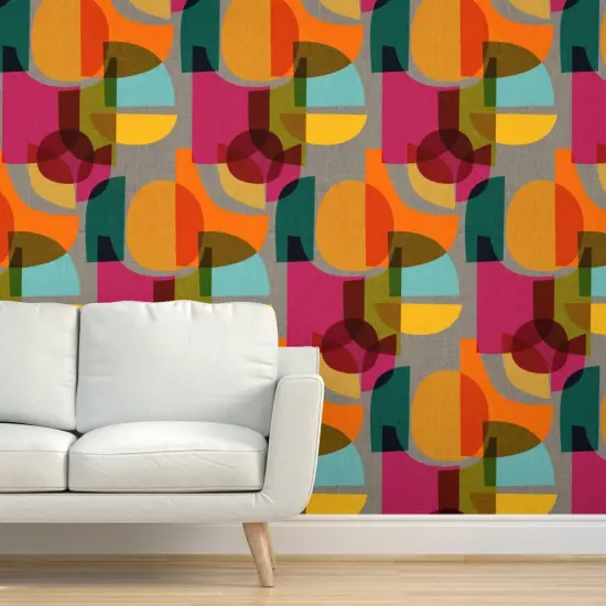 Pre-Pasted Wallpaper 2FT Wide Midcentury Modern Bright Geometric Retro Abstract Colorful Shapes Custom Pre-pasted Wallpaper by Spoonflower {5}
