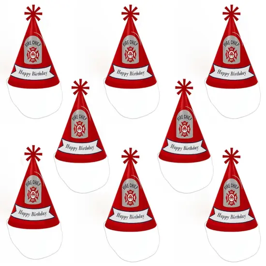 Big Dot of Happiness Fired Up Fire Truck - Cone Happy Birthday Party Hats for Kids and Adults - Set of 8 (Standard Size) {7}