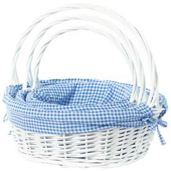 White Round Willow Gift Basket, with Gingham Liner and Handles Blue {7}