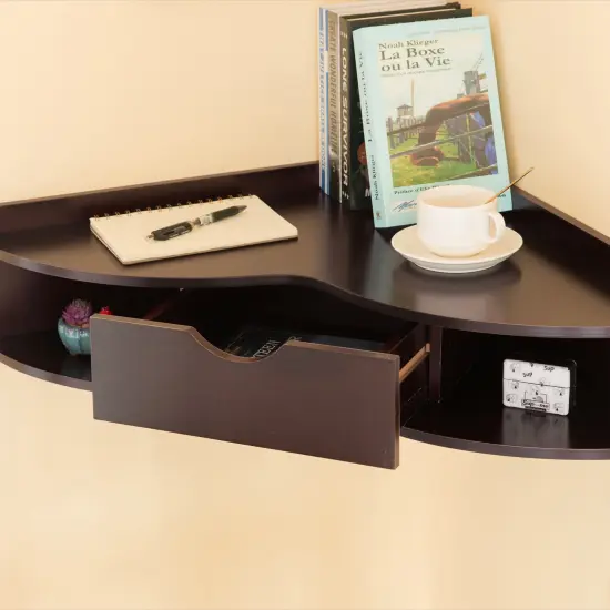 Corner Desk Heart Shaped Wall Mounted Office Table with Drawer and Two Shelves Computer Writing Desk Brown {3}